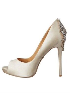 Badgley Mischka Kiara Satin Peep-Toe Heels with Crystal Back Detail